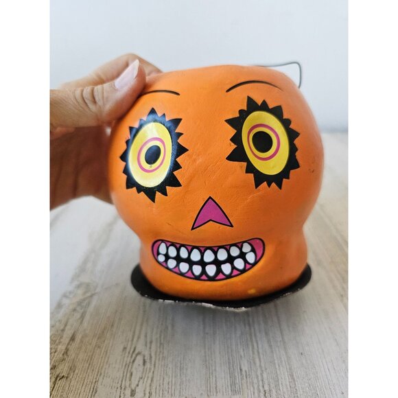 Paper mache pumpkin basket vintage style shabby chic jack-o'-lantern Halloween d - Picture 5 of 7